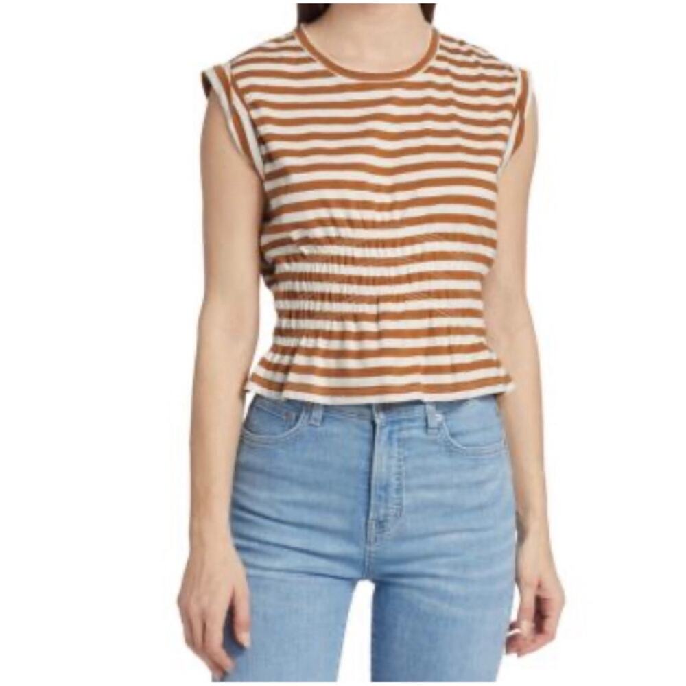 Veronica Beard Women’s Sz M Tan White Buchanan Stripe Extended Sleeve Tee